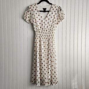KATE AND LILY Cream Tan Polka Dot V Neck Smocked Waist Knee Length Sundress 6